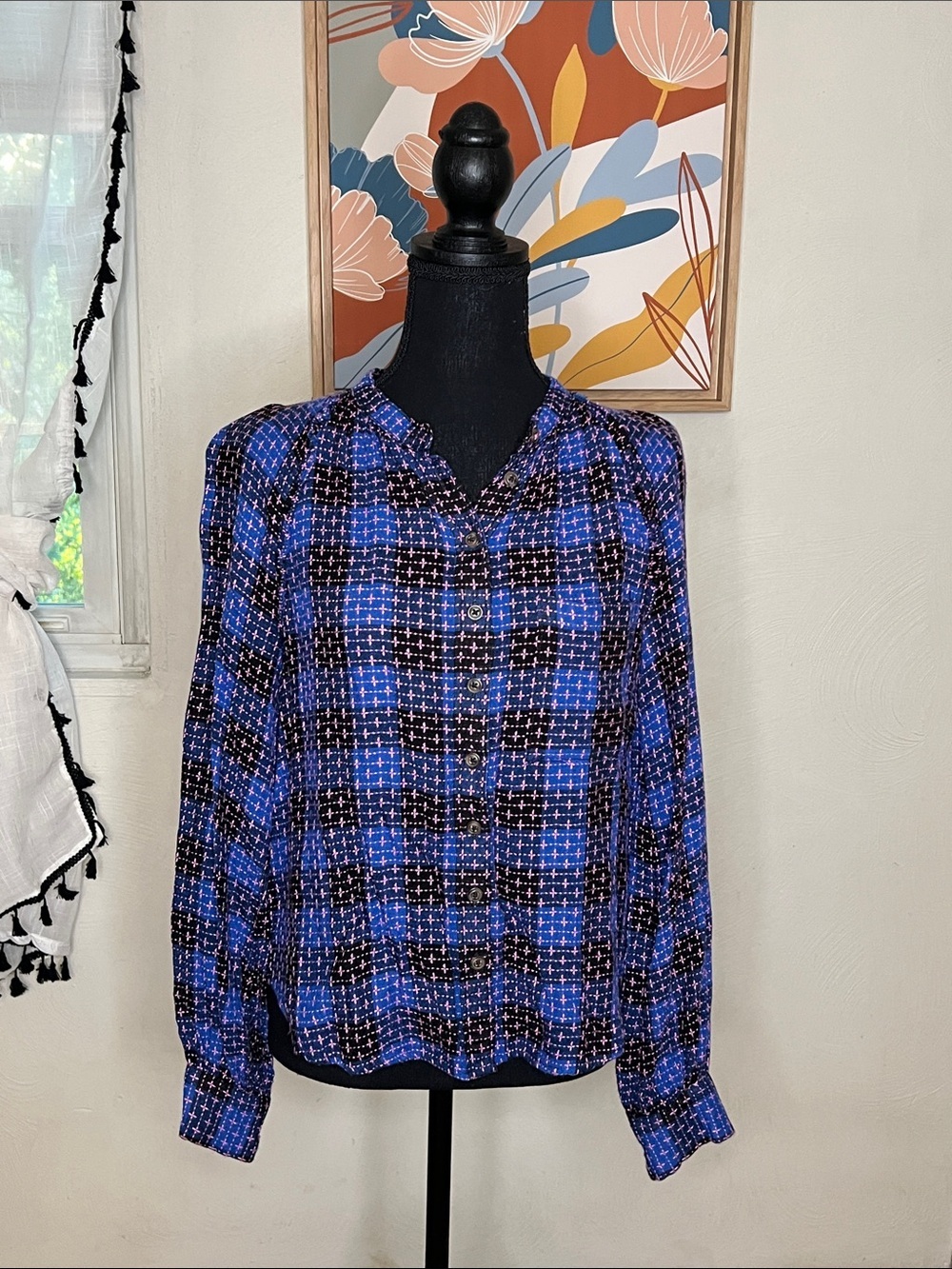 Pilcro Anthropologie Woven Plaid Button-Front Blouse in Blue Size S